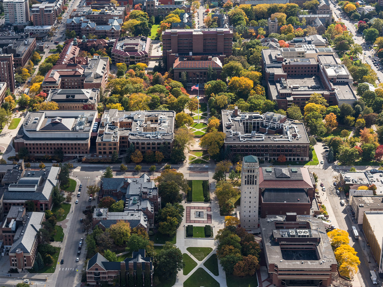 Campus aerial photo of Ingalls Mall and surrounding area, facing south