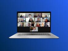 Screenshot of a Zoom meeting placed into a laptop mockup on a gradient background