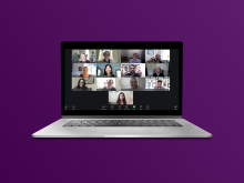 Screenshot of a Zoom meeting placed into a laptop mockup on a gradient background