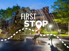 "First stop" styled with map-style elements and a background photo of the Michigan League